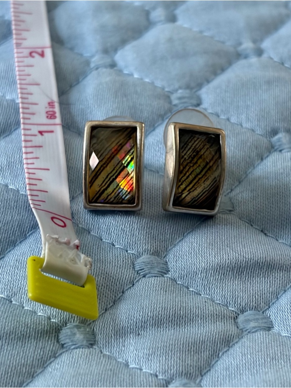 Rectangular Abalone like Inlay Silver pierced Earrings - Iridescent Brown/Green